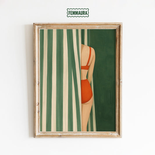 Retro Swimsuit Poster – Striped Curtain Art With Bold Feminine Wall Decor