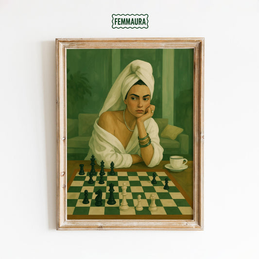 Feminine Chess Art Print – Moody Green Tones | Luxury Bedroom Poster