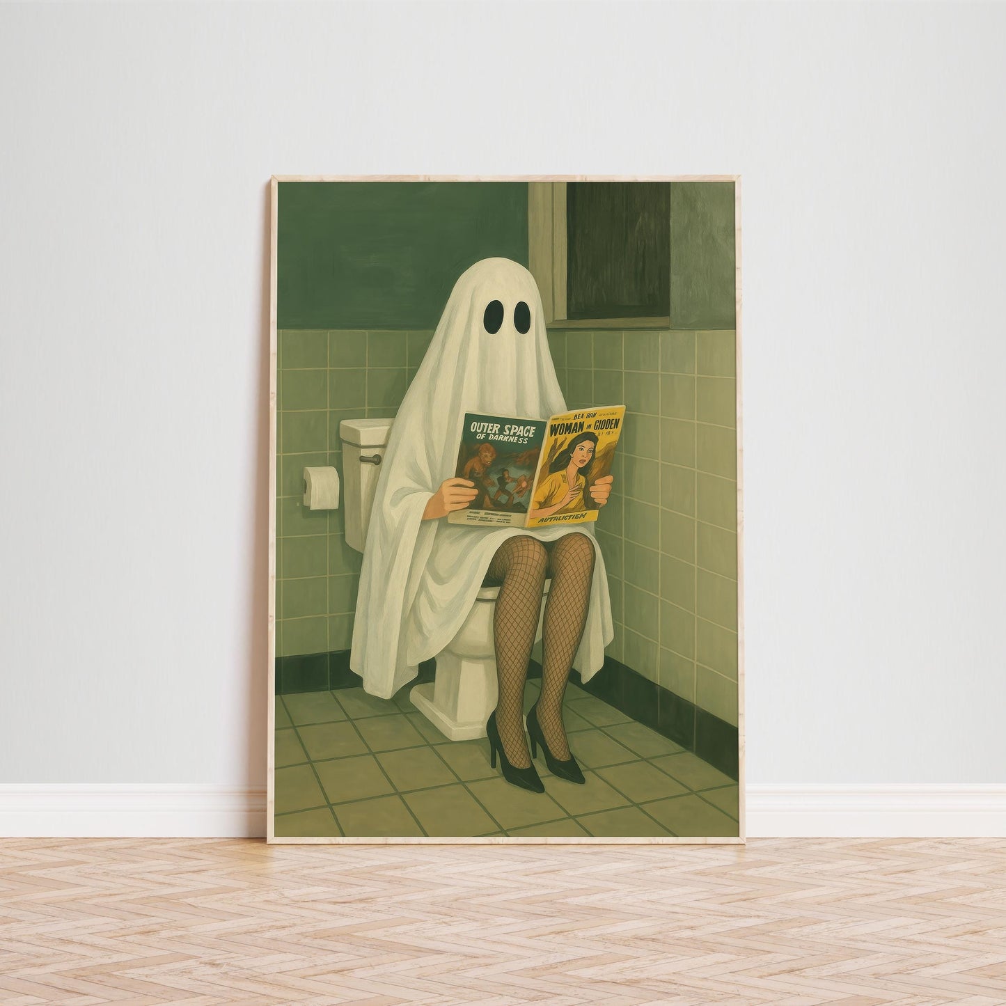 Quirky Bathroom Wall Art – Surreal Funny Ghost Print With Moody Green Tiles