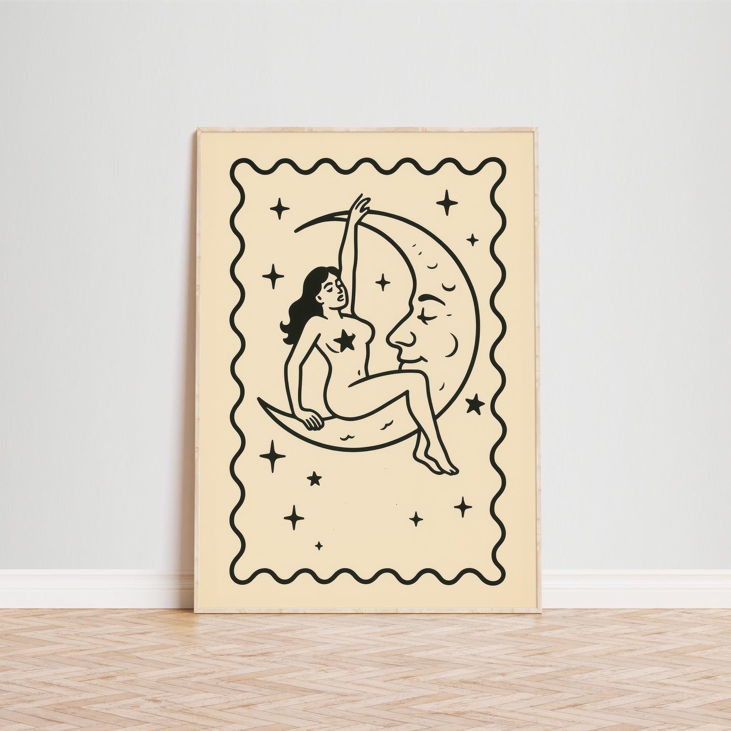 Moon Girl Line Art – Celestial Feminist Poster | Black Cream Wall Art