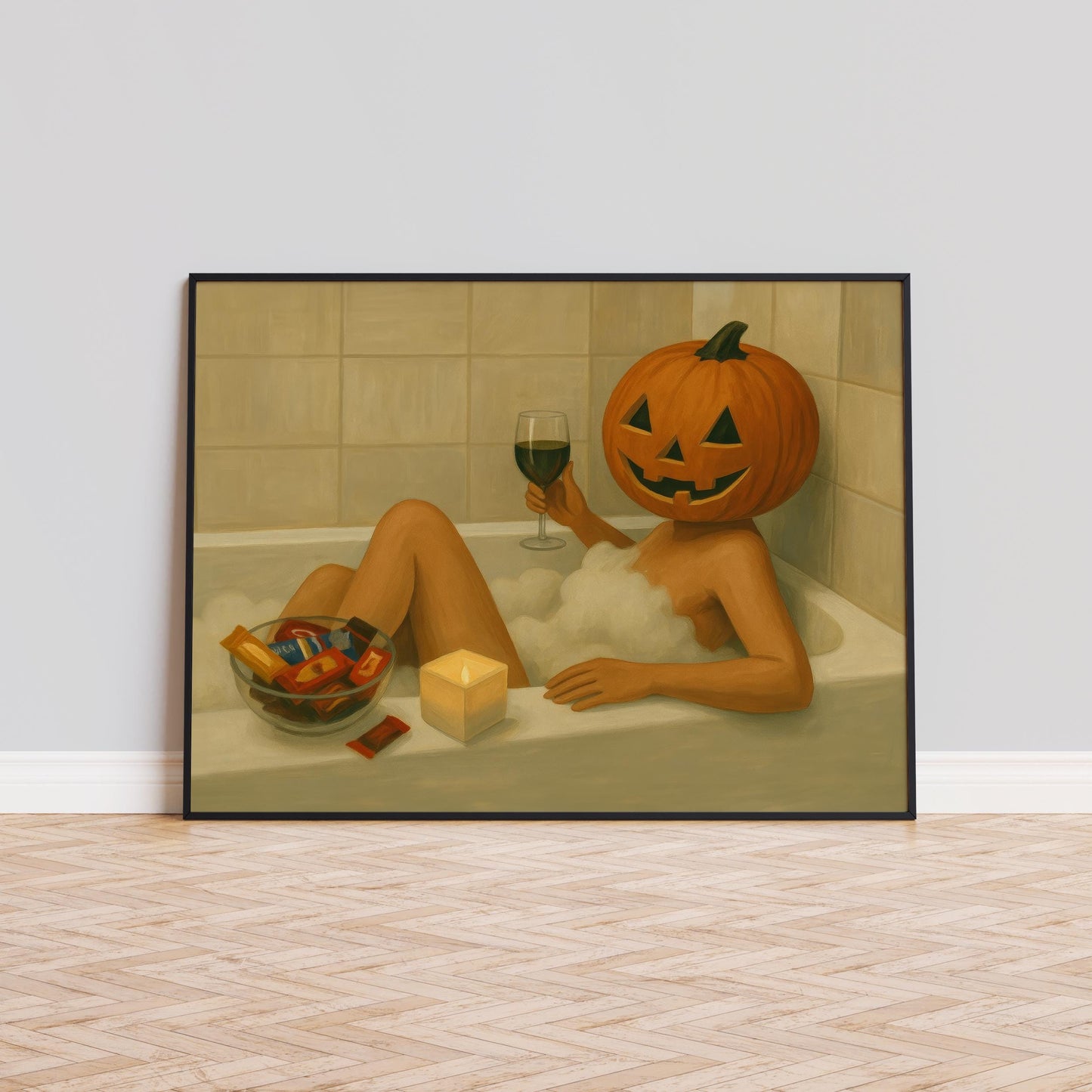 Pumpkin Head Bath Poster – Cozy Halloween Wall Art | Festive Autumn Decor