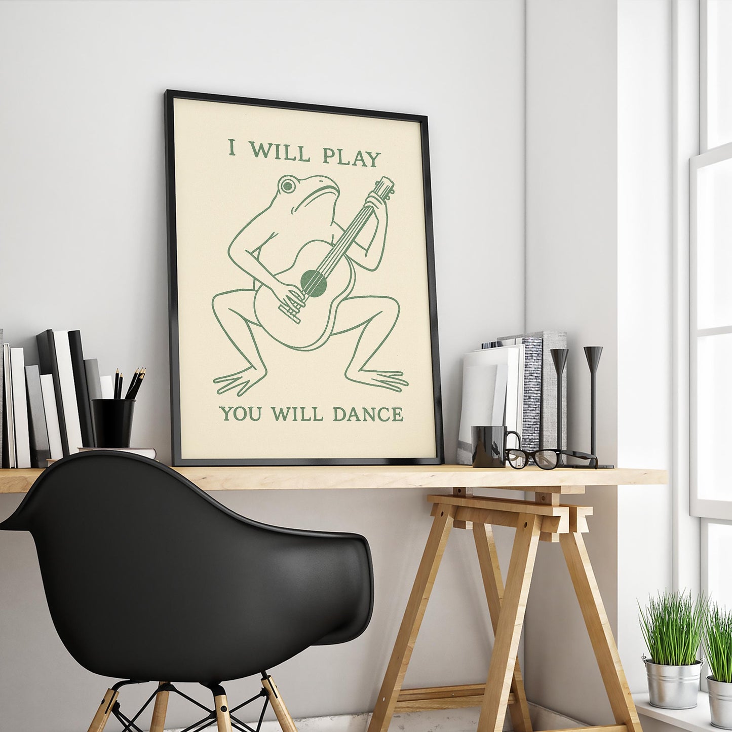 Frog Guitar Poster – Funny Animal Music Print, Vintage Minimal Wall Art