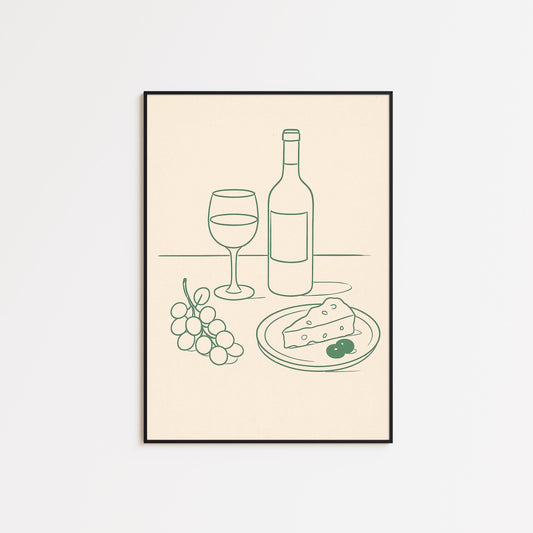 Wine and Cheese Line Art Print – Minimalist Kitchen Wall Art, Neutral Dining Decor