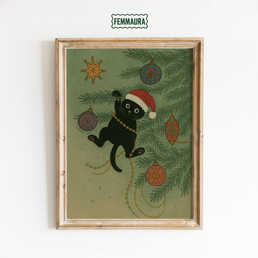 Christmas Cat Poster – Playful Retro Christmas Art With Festive Cat Decor