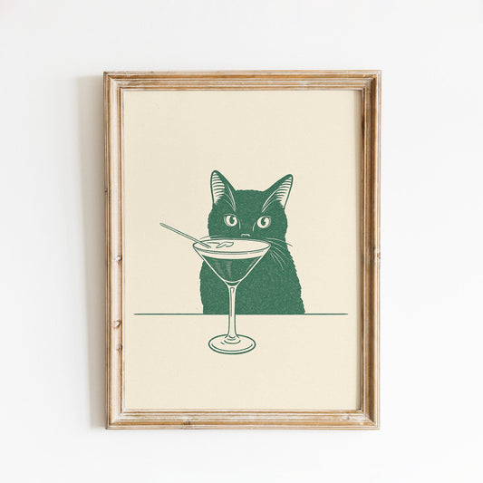 Cat Martini Poster – Retro Bar Art | Minimalist Vintage Cat Print