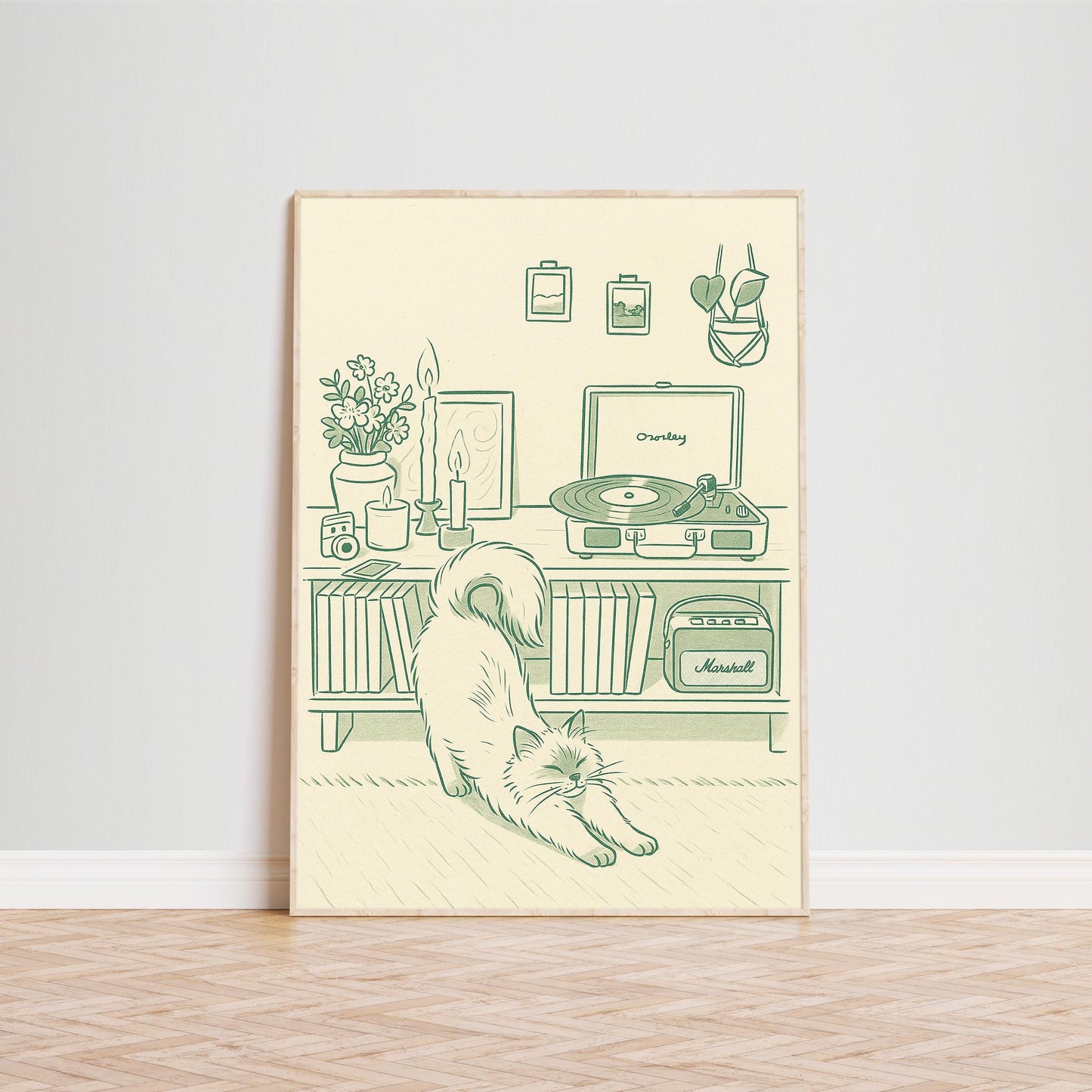 Cozy Cat and Vinyl Poster – Retro Minimal Line Art, Warm Home Decor