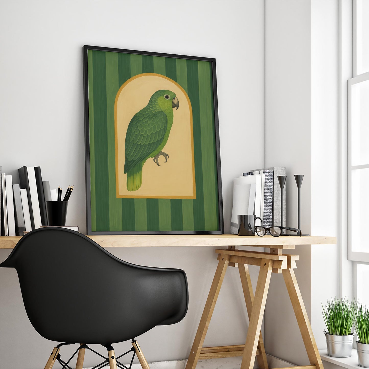 Green Parrot Wall Art – Vintage Jungle Bird Print With Striped Background