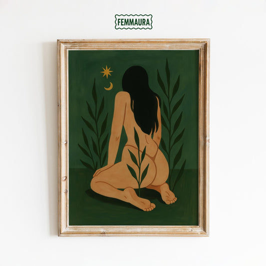 Botanical Nude Wall Art – Mystical Feminine Print | Moon Garden Art Decor