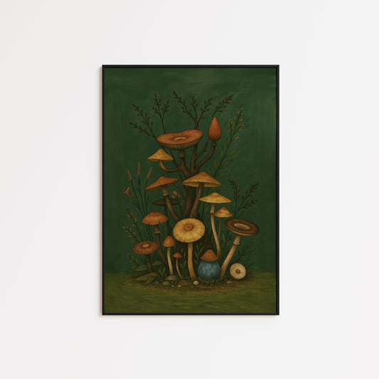 Mystic Mushrooms Art Print – Vintage Green Botanical Wall Art | Cottagecore Poster