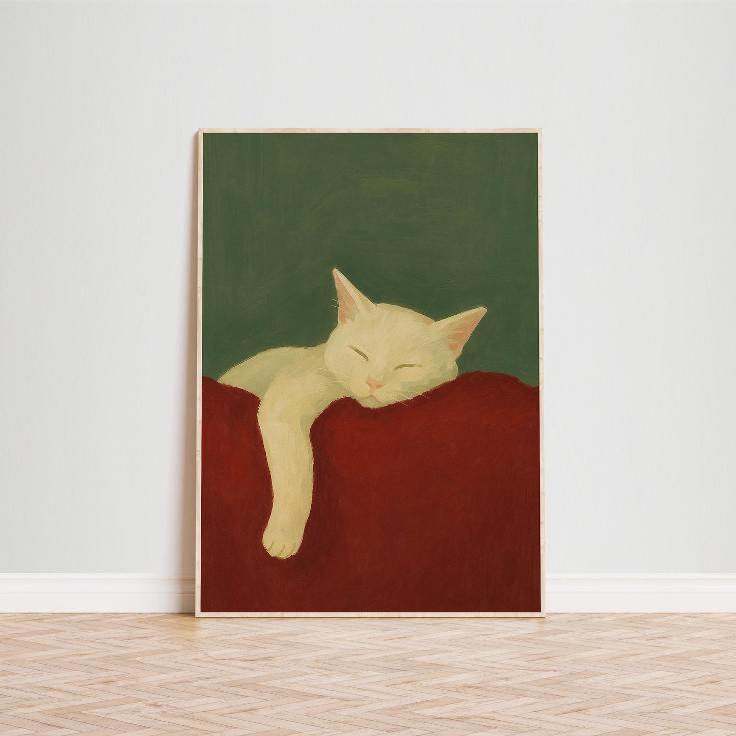 Sleeping Cat Poster – Cozy Wall Print With Gouache Cat Art, Minimal Home Decor