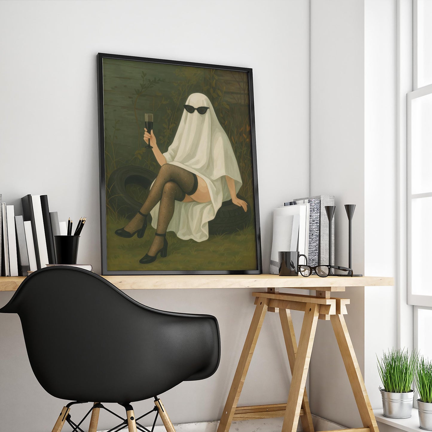 Gothic Glam Wall Art – Surreal Ghost Print With Champagne & Whimsical Decor