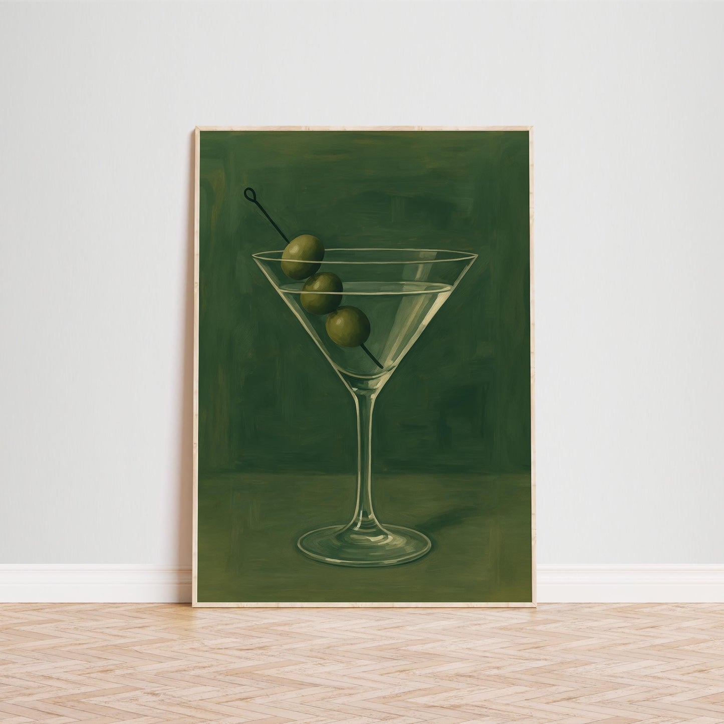 Martini Glass Poster – Minimalist Olive Green Cocktail Wall Art for Elegant Bar Decor
