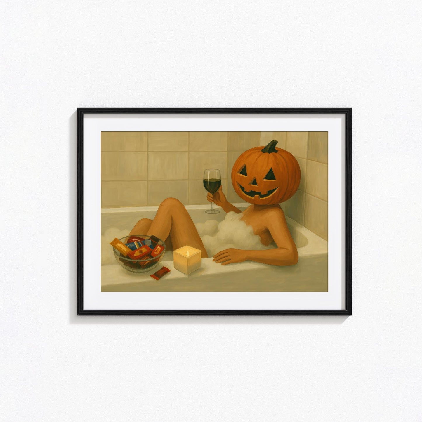 Pumpkin Head Bath Poster – Cozy Halloween Wall Art | Festive Autumn Decor