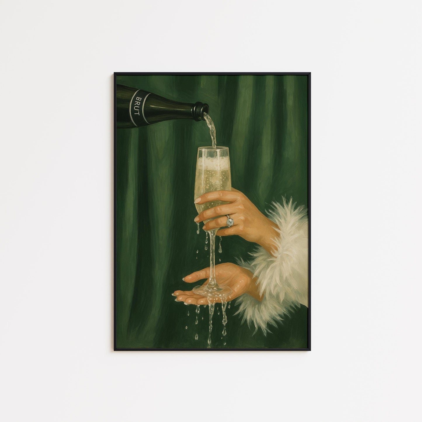 Feminine Luxe Art Print – Champagne Wall Art | Deep Green & Gold Decor