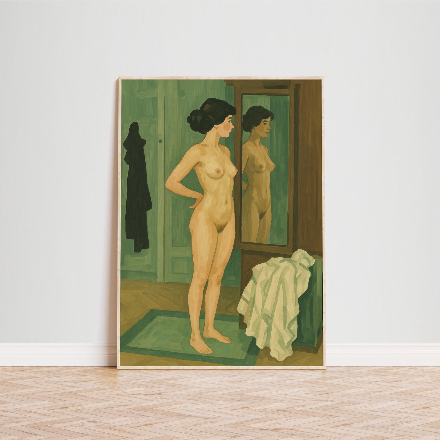 Feminine Nude Wall Art – Woman Mirror Poster With Calming Green Tones