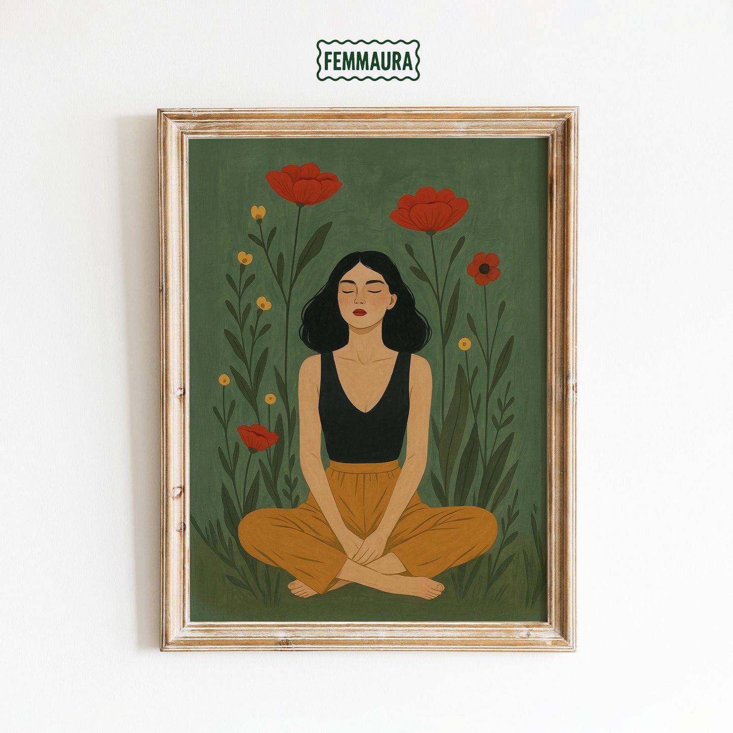 Feminine Botanical Art Print – Earthy Green Floral Woman Poster | Calm Aesthetic Wall Art