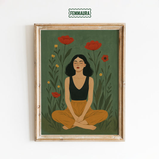 Feminine Botanical Art Print – Earthy Green Floral Woman Poster | Calm Aesthetic Wall Art