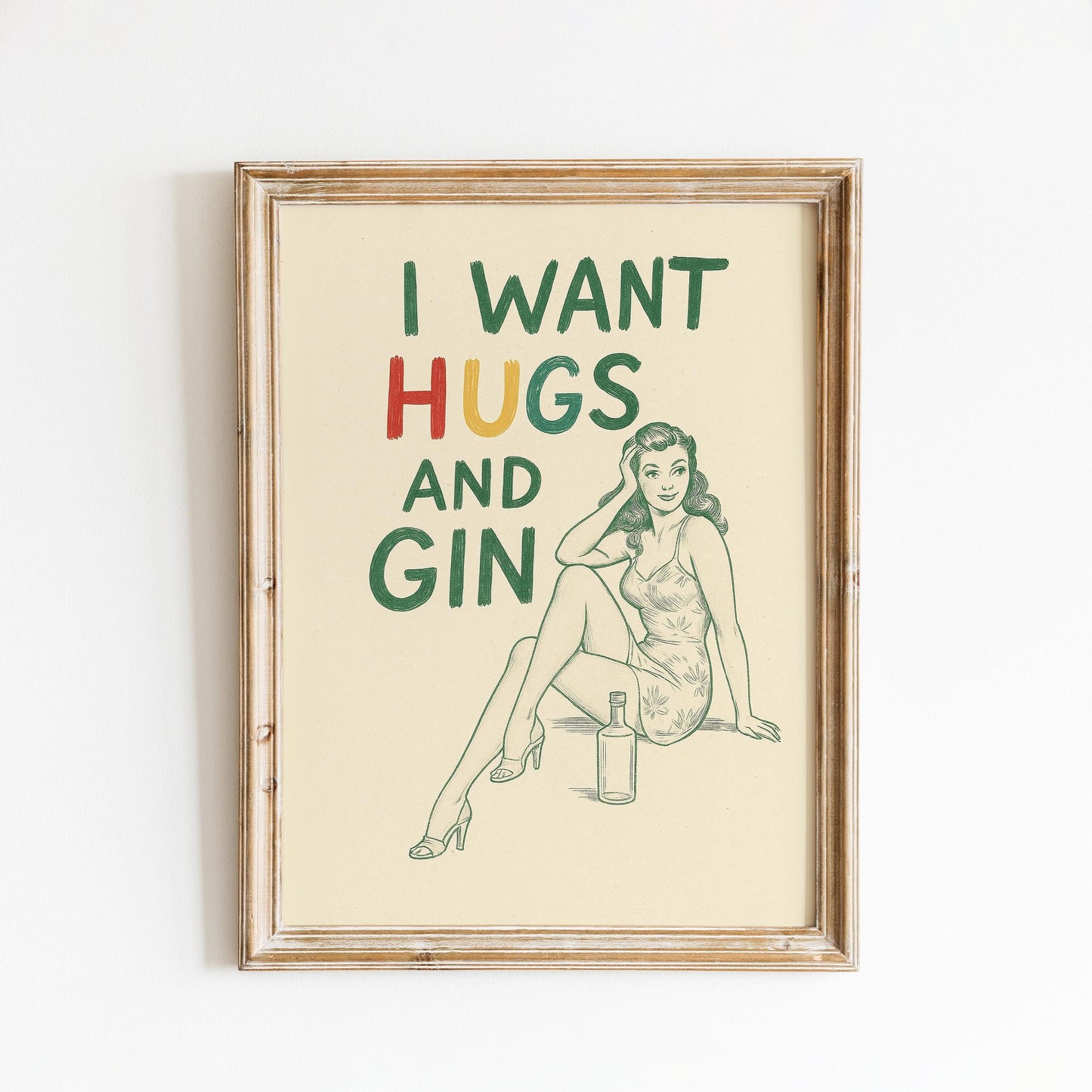 I Want Hugs and Gin Poster – Retro Pin-Up Bar Wall Art