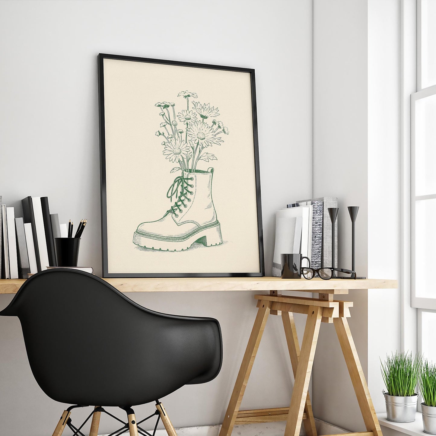 Combat Boot & Flowers Poster – Feminine Strength Minimal Line Art