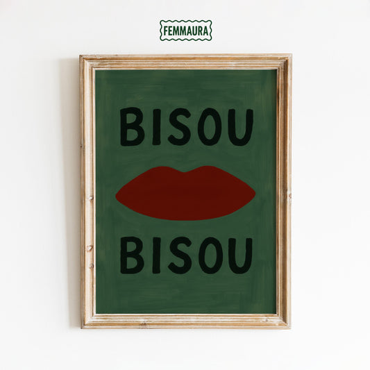 French Kiss Wall Art – Bisou Wall Print With Cheeky Lips Illustration