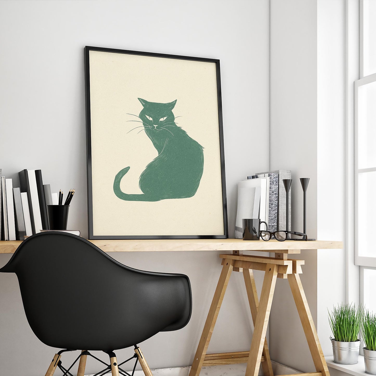 Confident Cat Poster – Minimal Line Art Print, Moody Green Feline Wall Decor