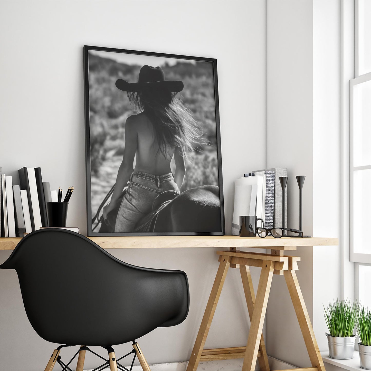 Topless Cowgirl on Horse – Black and White Western Wall Art