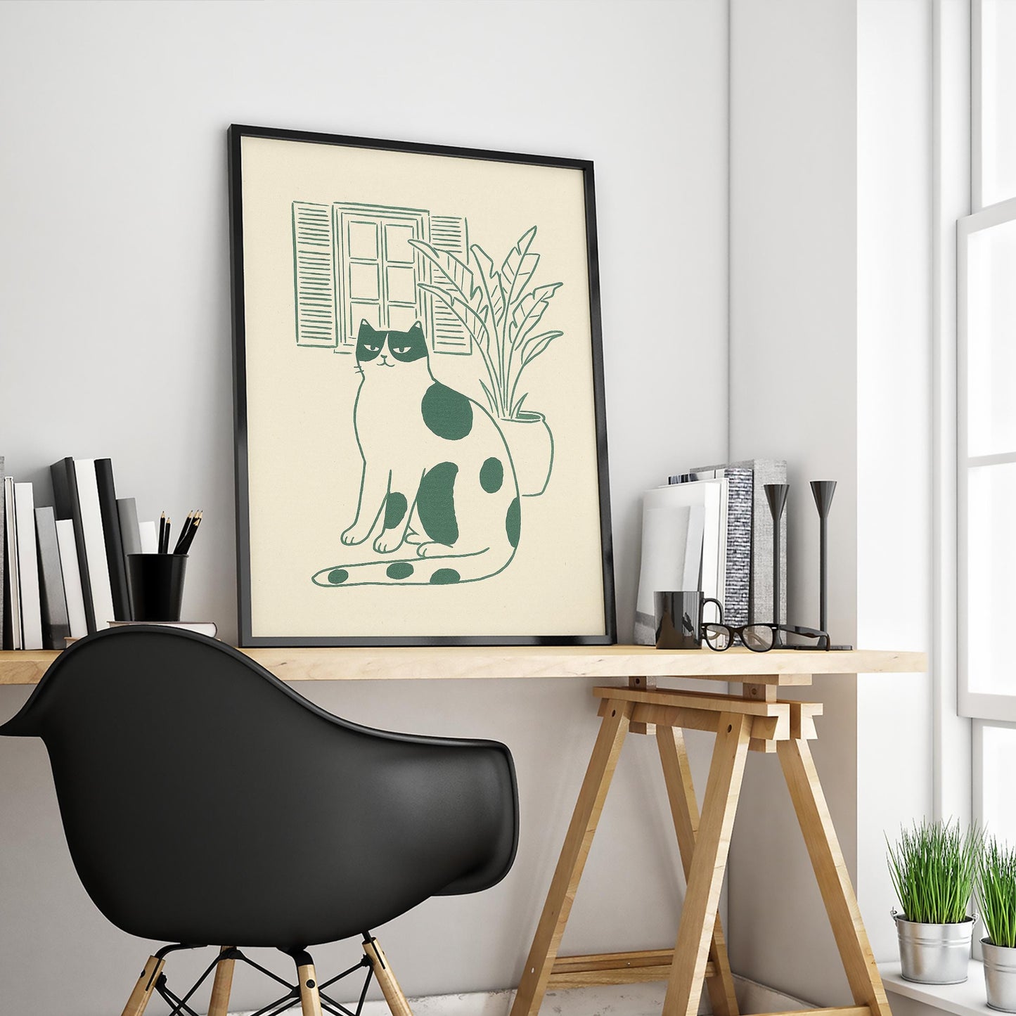 Window Cat – Minimal Line Art Poster, Calm Vintage Home Illustration