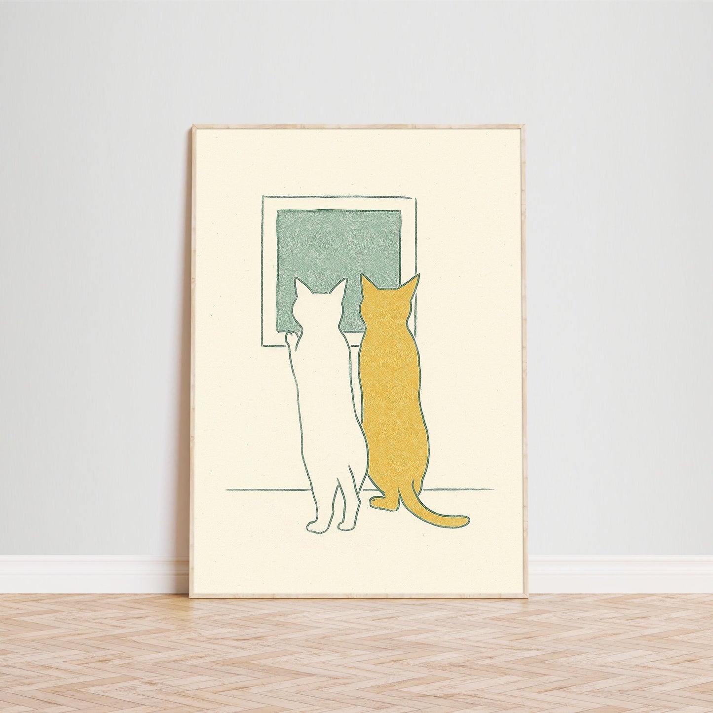 Companion Cats – Minimal Line Art Poster, Two Cats at Window Illustration