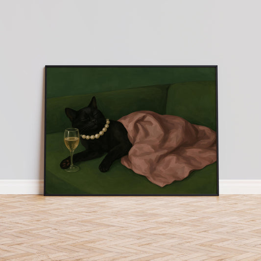 Black Cat Poster – Cozy Cat Art with Champagne & Pearl Elegant Wall Art