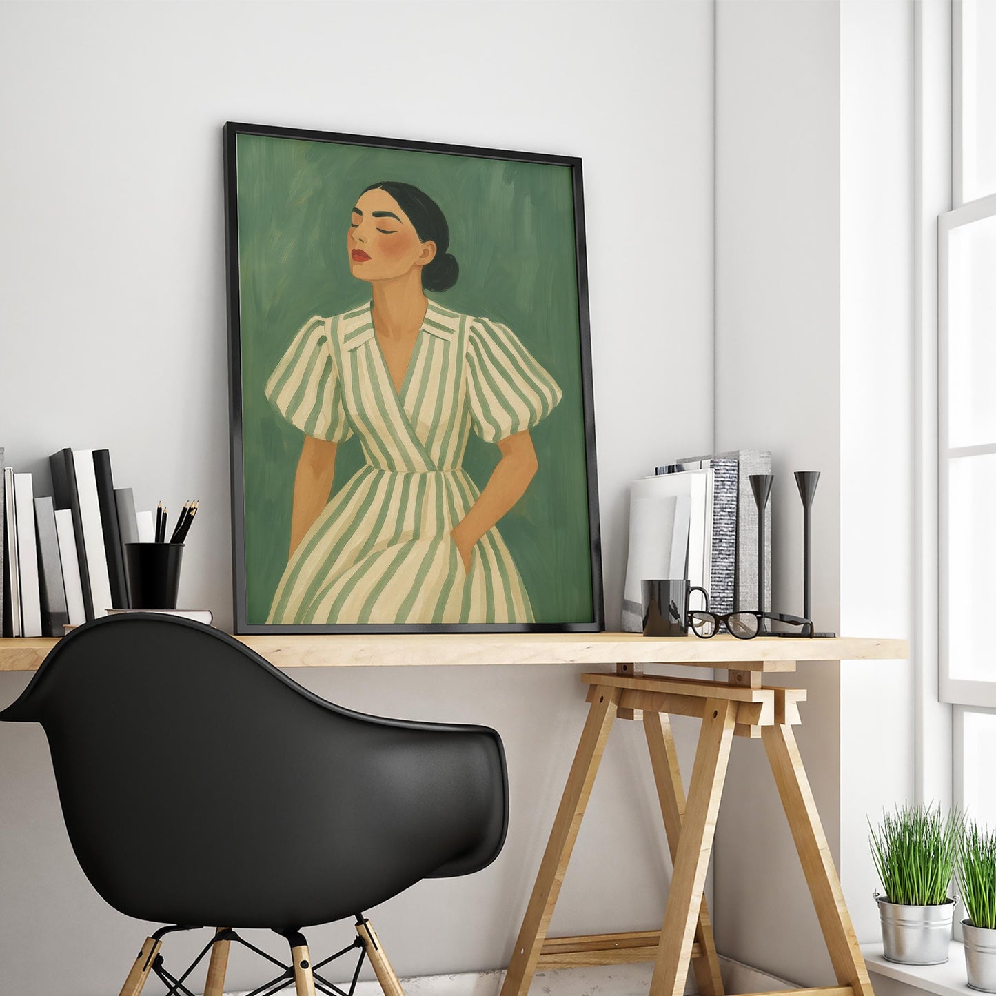 Green Striped Woman Art Print – Feminine Wall Art | Vintage Style Poster