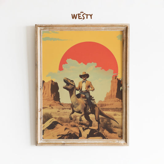 Cowboy Riding Dinosaur Poster – Retro Wild West Art Print