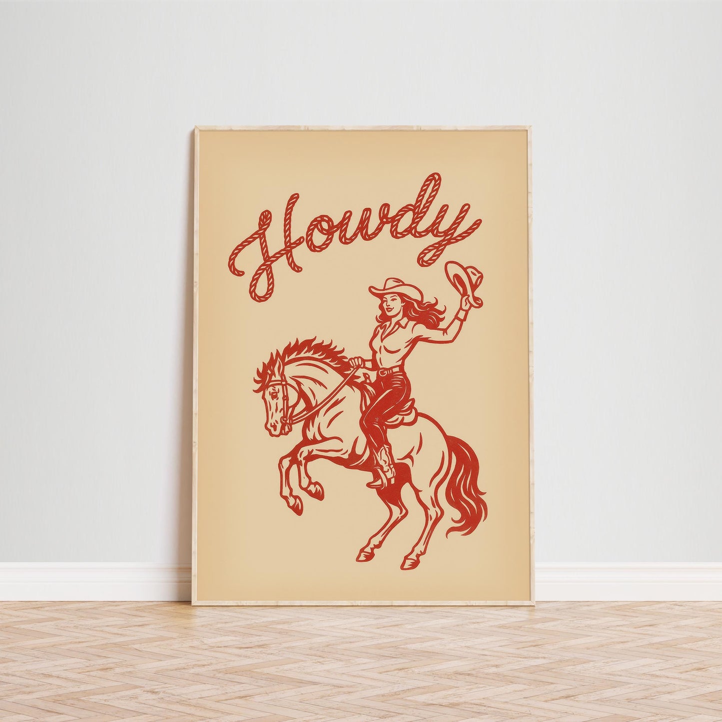 Howdy Cowgirl Wall Art – Vintage Western Female Rider Print in Red