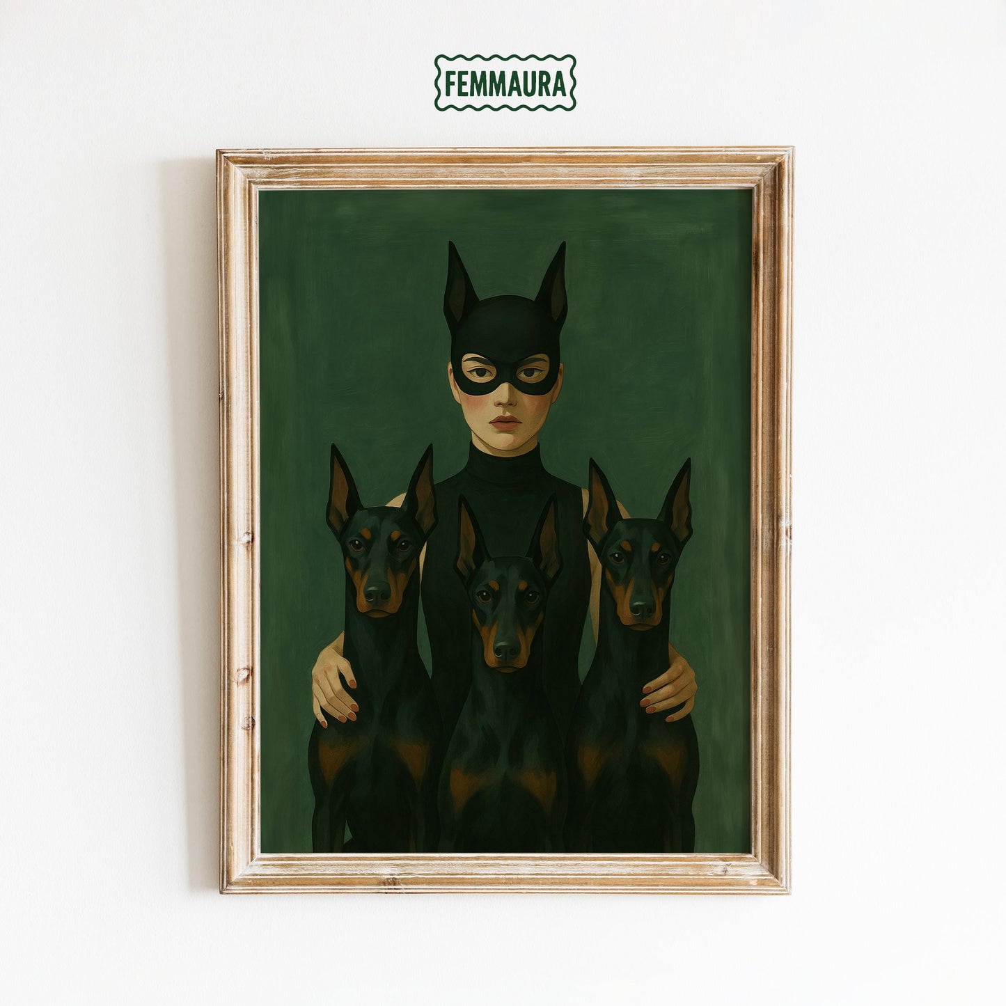 Dark Feminine Wall Art – Masked Woman Print with Doberman Dog Artwork