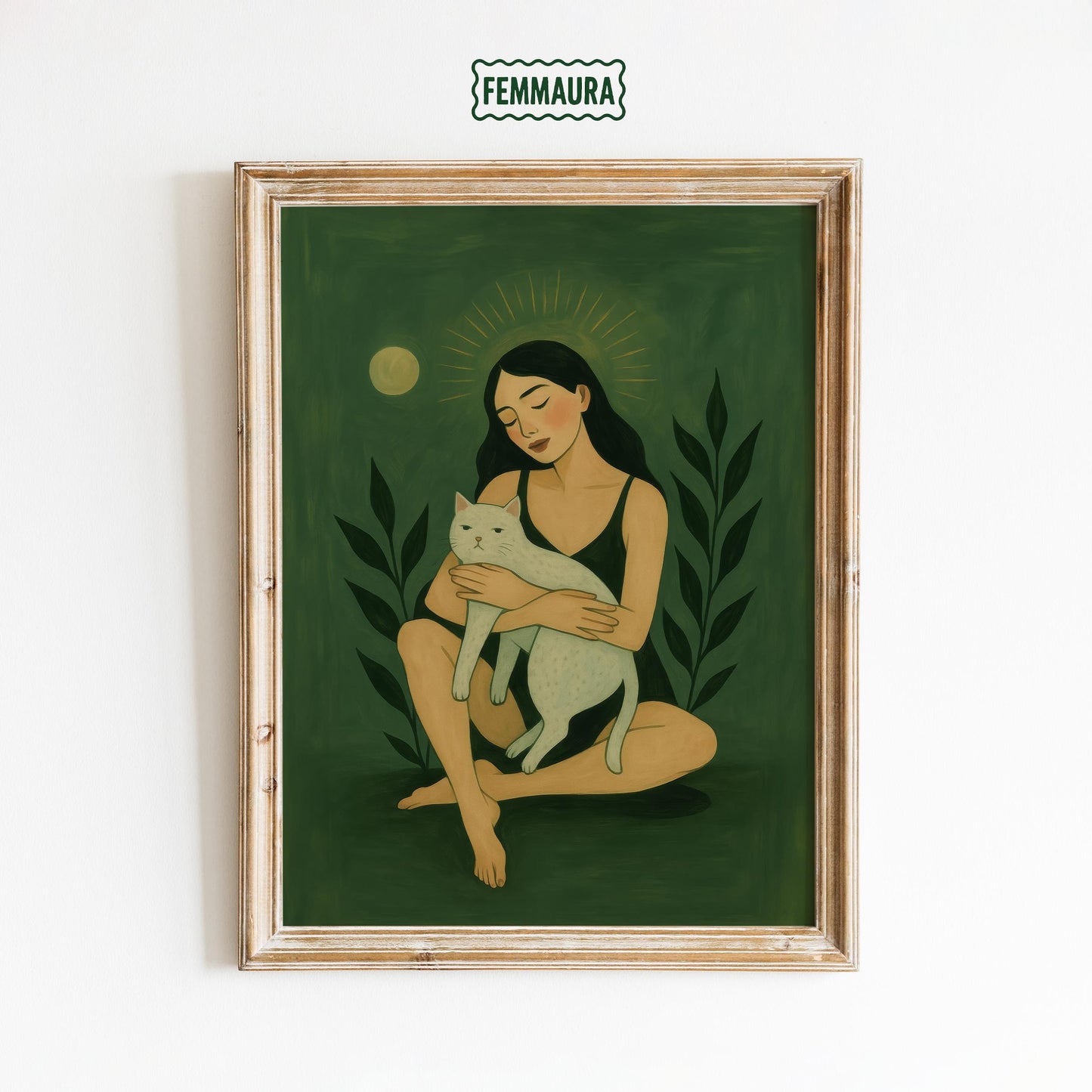 Spiritual Feminine Wall Art – Green Cat Art Print With Moonlight Goddess