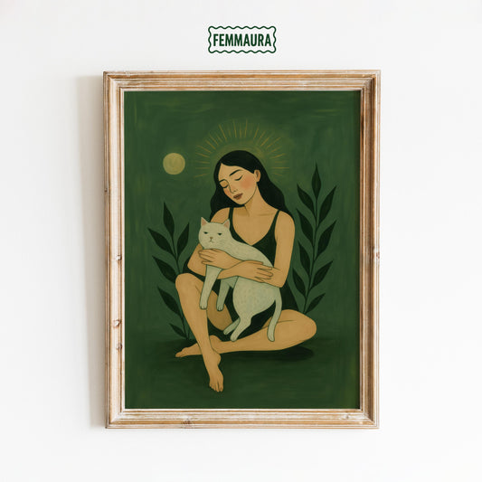 Spiritual Feminine Wall Art – Green Cat Art Print With Moonlight Goddess