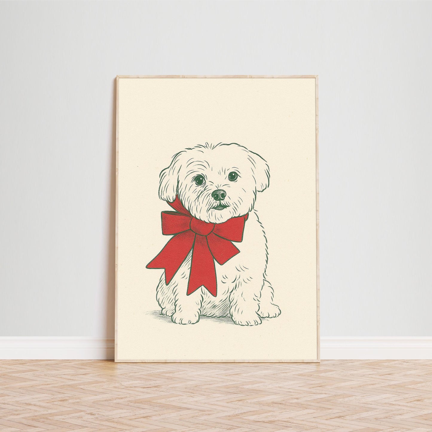 Christmas Puppy Poster – Cute Dog with Red Bow Holiday Art Print