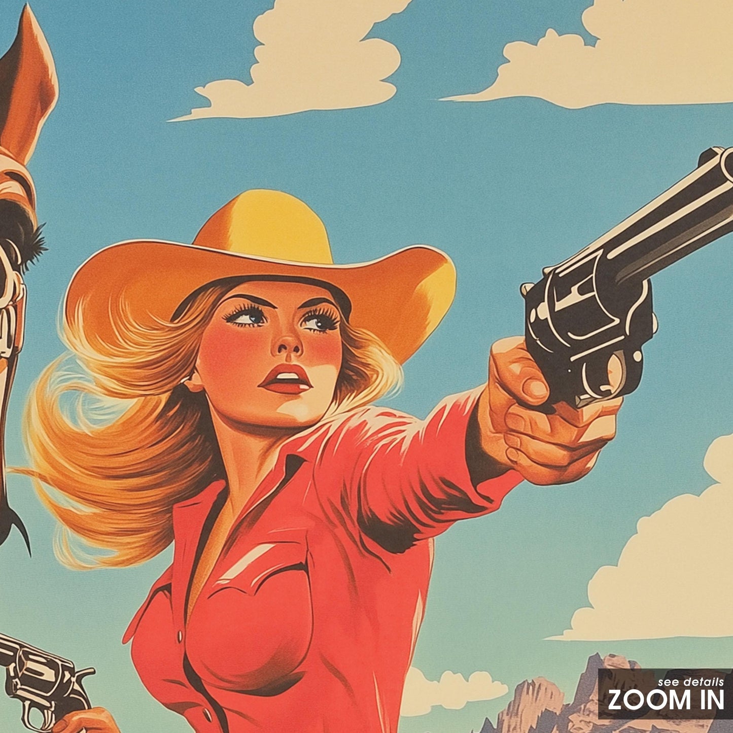 Vintage Cowgirl Poster – Bold Retro Western Woman with Guns