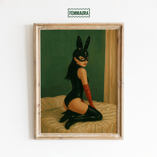 Femme Fatale Poster – Bunny Mask Art | Seductive Wall Print for Bedroom Decor
