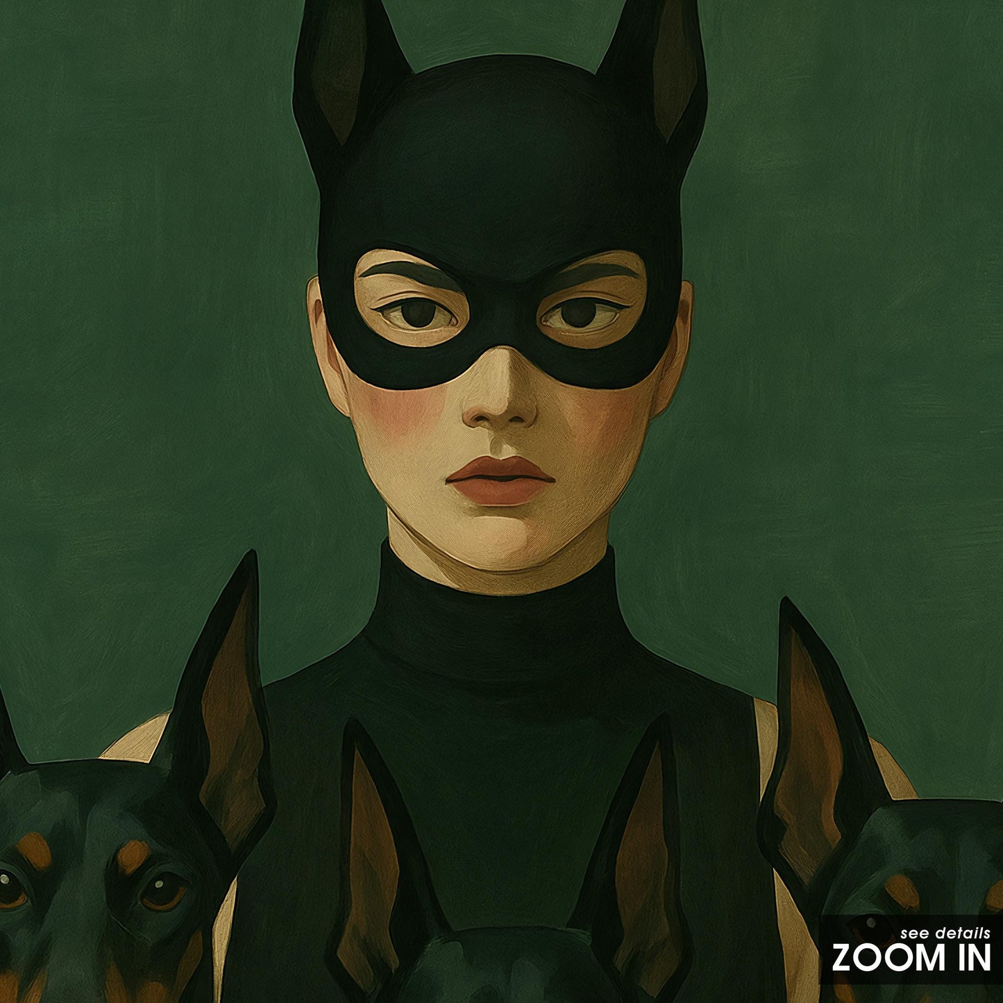 Dark Feminine Wall Art – Masked Woman Print with Doberman Dog Artwork