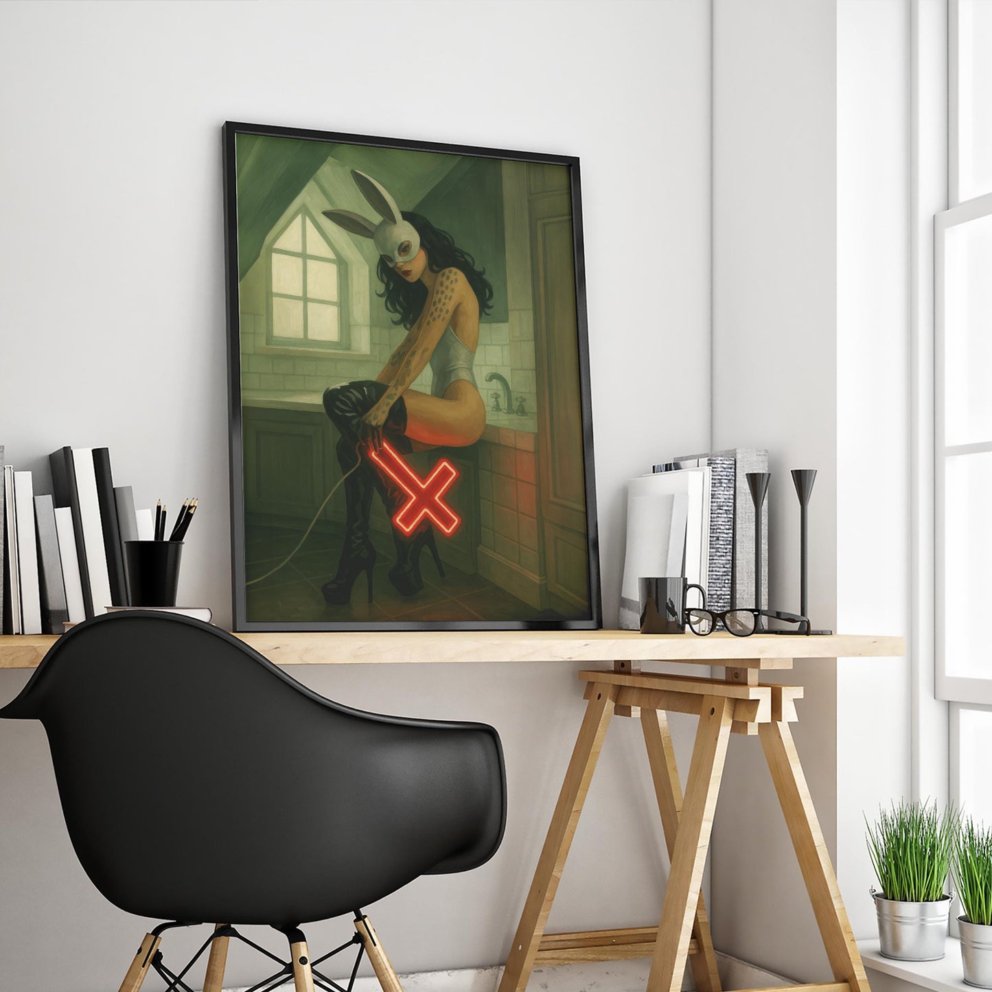Bunny Mask Art Print – Neon Cross Retro Woman Poster | Edgy Alternative Wall Decor