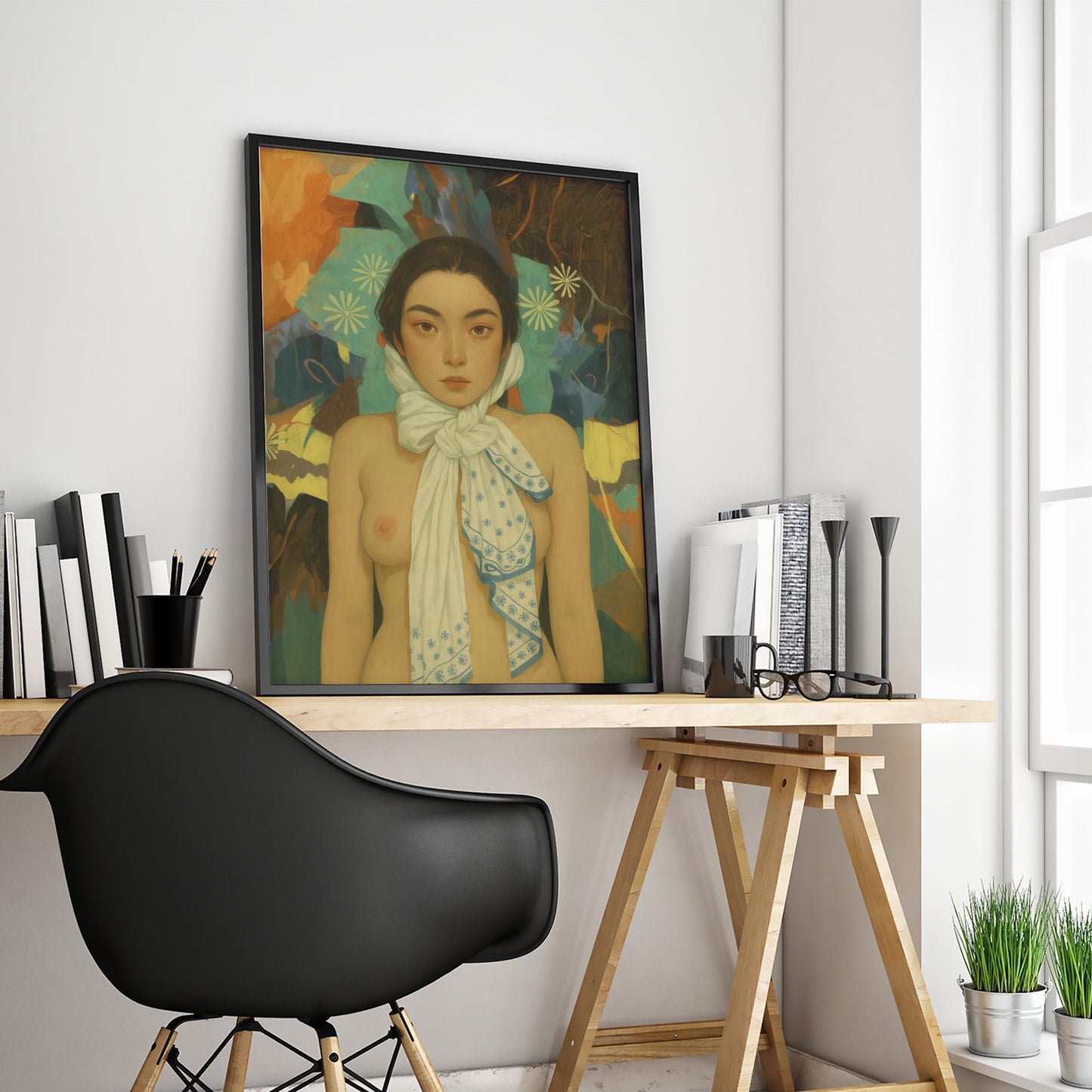 Surreal Nude Portrait – Feminine Art Print | Dreamy Scarf Fantasy Wall Decor