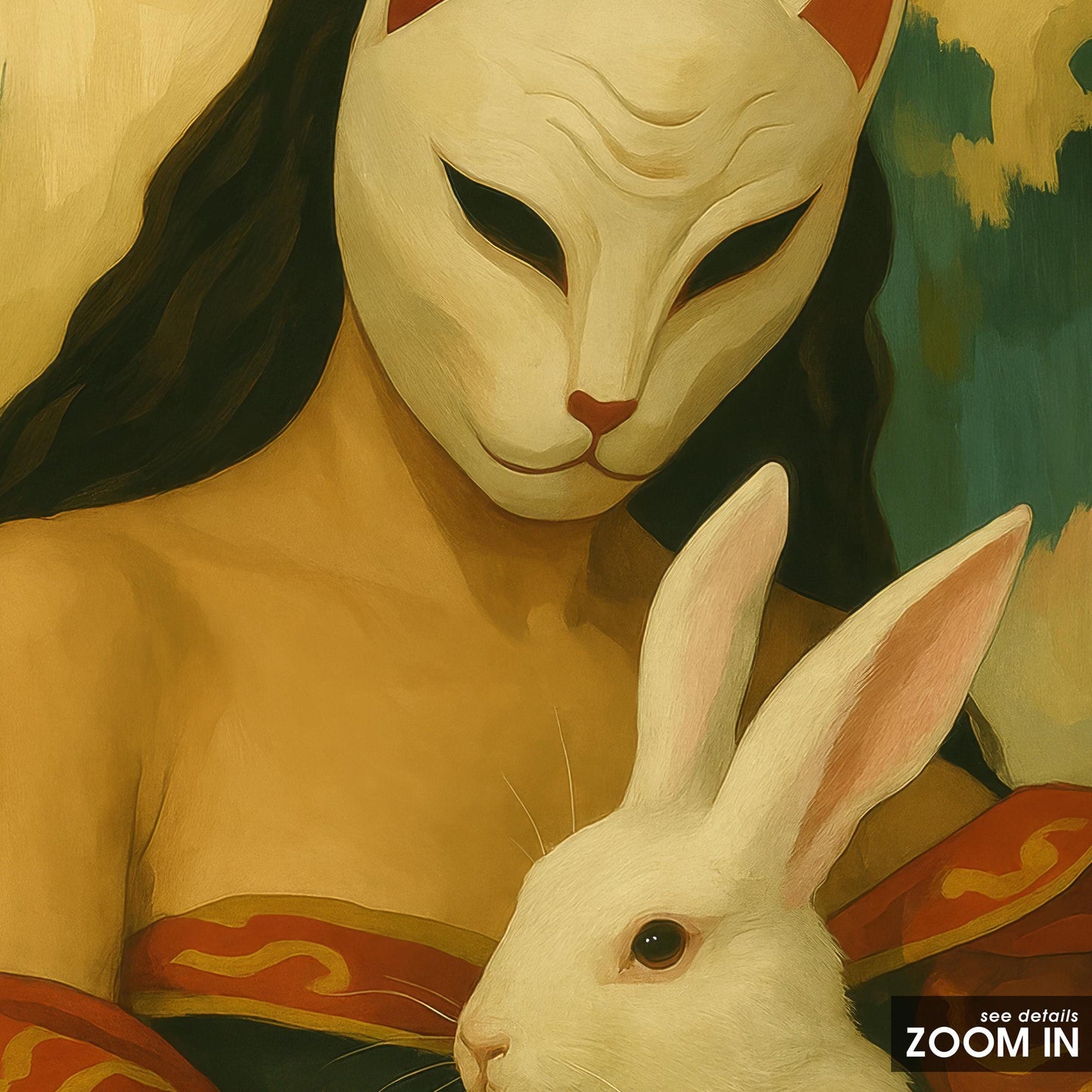 Surreal Femme Art Print – Gothic Renaissance Masked Woman & Symbolic Rabbit