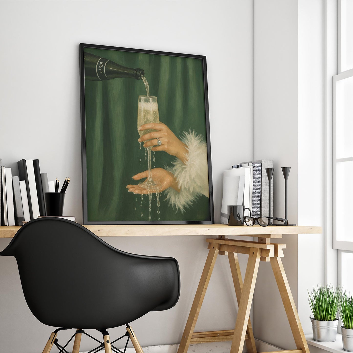Feminine Luxe Art Print – Champagne Wall Art | Deep Green & Gold Decor