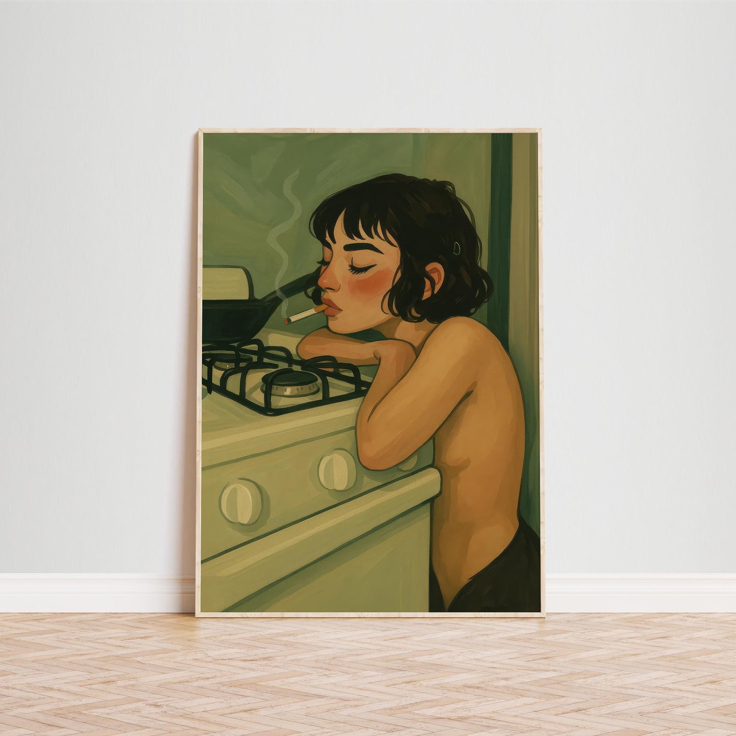 Sad Girl Smoking Poster – Moody Kitchen Art Print | Soft Erotic Feminine Illustration
