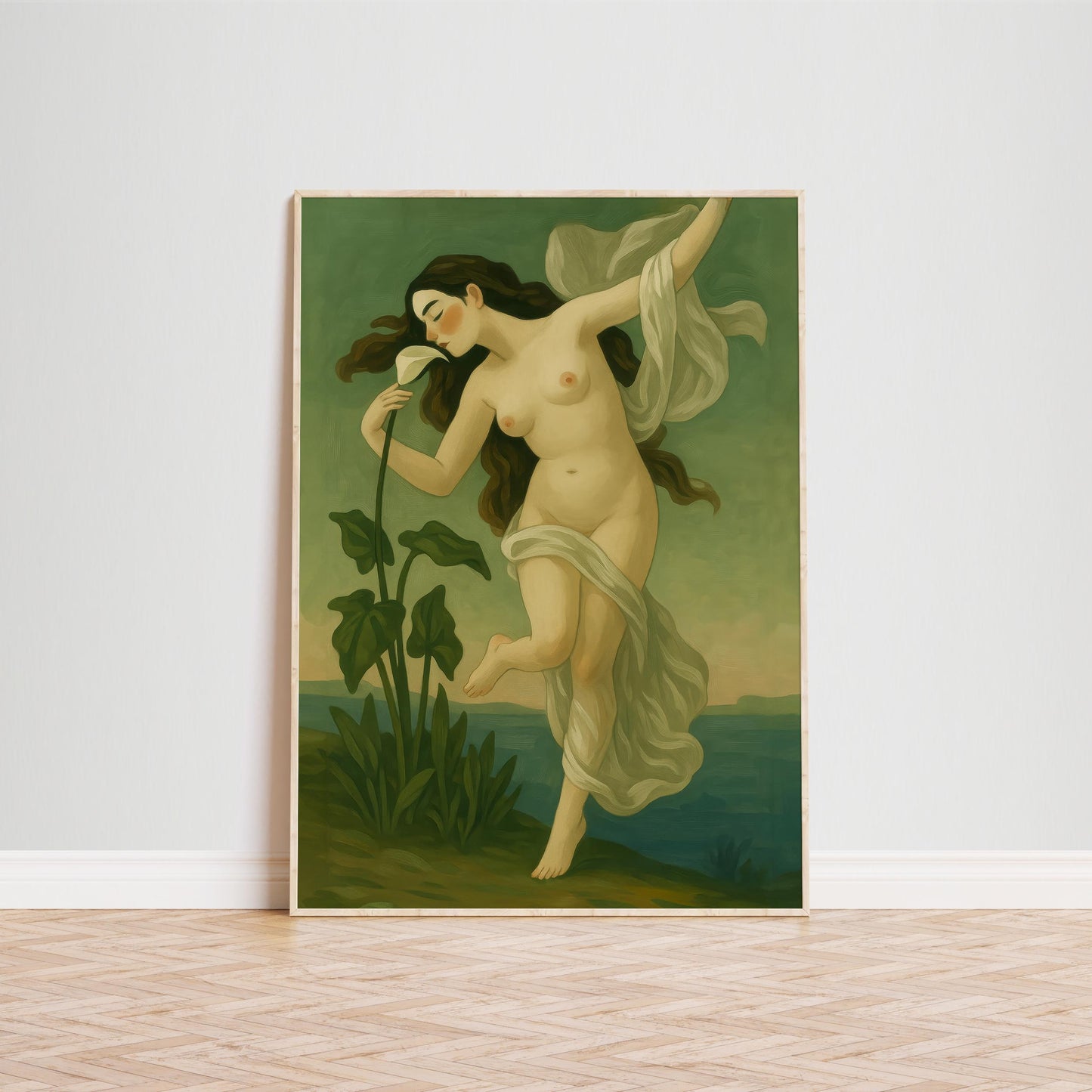 Nude Goddess Poster – Romantic Wall Art With White Lily & Mythical Elegance