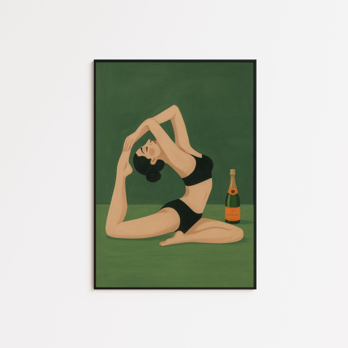 Champagne Yoga Art Print – Playful Retro Woman Poster | Green Wall Decor