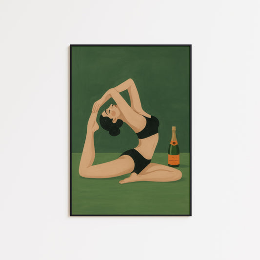 Champagne Yoga Art Print – Playful Retro Woman Poster | Green Wall Decor