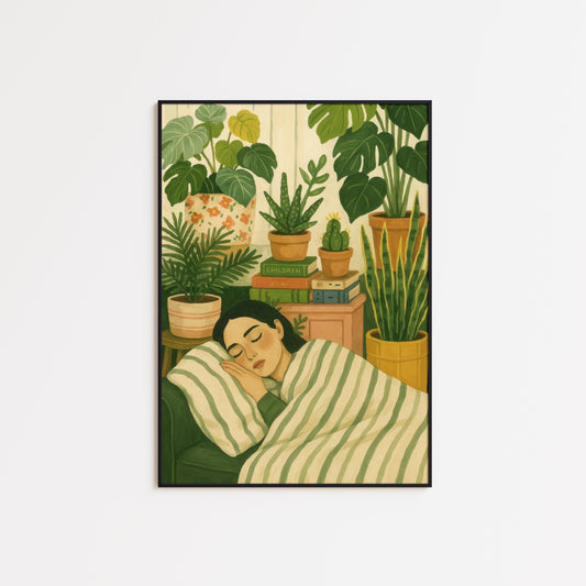 Botanical Bedroom Art – Cozy Green Wall Decor With Sleeping Girl Illustration