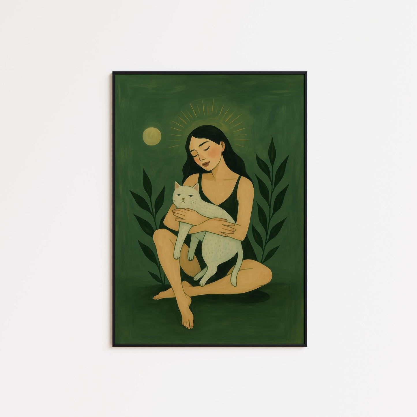 Spiritual Feminine Wall Art – Green Cat Art Print With Moonlight Goddess