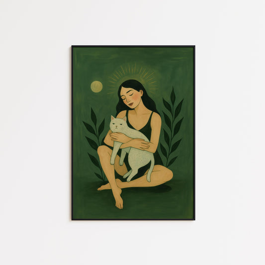 Spiritual Feminine Wall Art – Green Cat Art Print With Moonlight Goddess